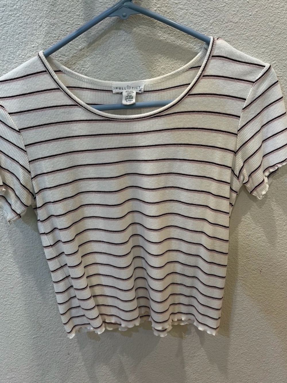 Full Tilt Cream Ribbed Short Sleeve Top with Maroon Stripes